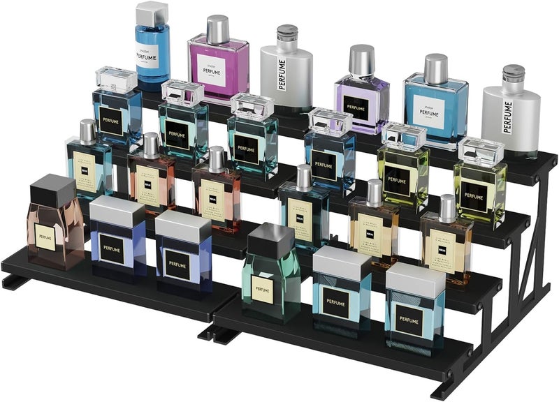 Lifewit منظم عطور بأربعة مستويات للرجال، حامل عطور خشبي بطول 9.8 بوصة، رف عرض للعطور، بعد الحلاقة، مستحضرات العناية بالبشرة والمكياج لسطح الطاولة، غرفة النوم، الحمام، تخزين countertop، أسود، 2 قطع - Image 1